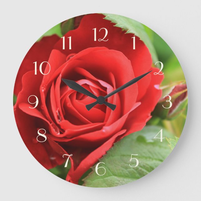Beautiful Red Rose Flower Floral Light Numbers Large Clock (Front)