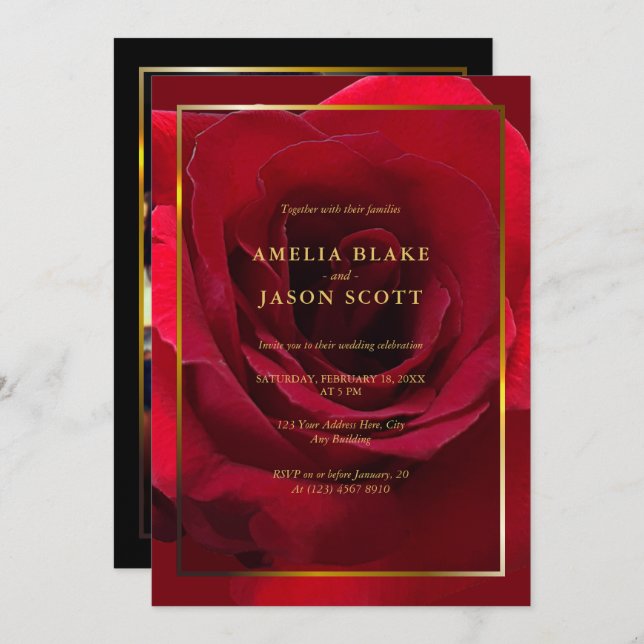 Beautiful Red Rose Gold Frame with Photo Wedding Invitation (Front/Back)