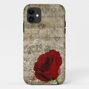 Beautiful red rose music notes swirl faded piano iPhone 11 case