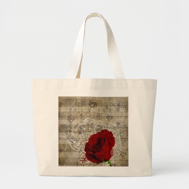 Beautiful red rose music notes swirl faded piano large tote bag (Front)