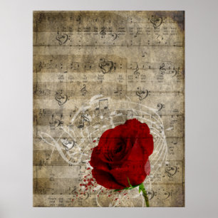 Beautiful red rose music notes swirl faded piano poster