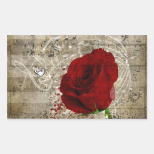 Beautiful red rose music notes swirl faded piano rectangular sticker
