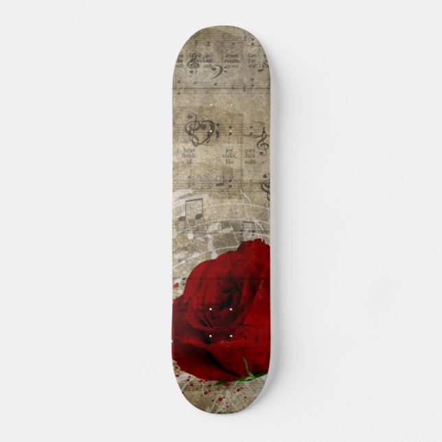 Beautiful red rose music notes swirl faded piano skateboard (Front)