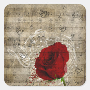 Beautiful red rose music notes swirl faded piano square sticker