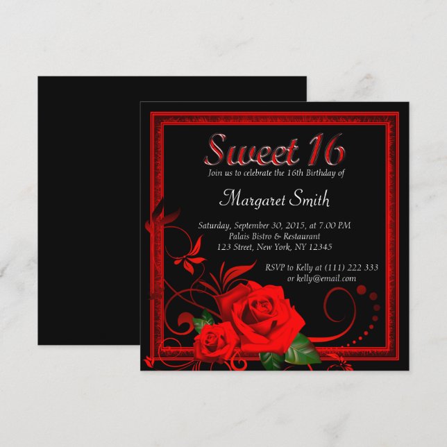 Beautiful red rose sweet 16 invitation (Front/Back)