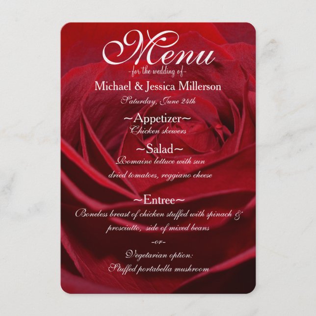 Beautiful Red Rose Wedding Menu (Front)