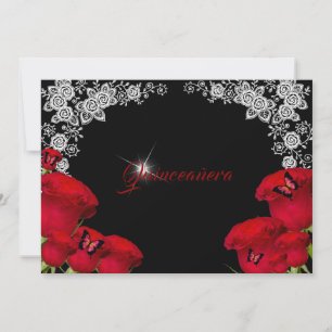 Beautiful Red Roses Butterflies Quinceanera Invitation