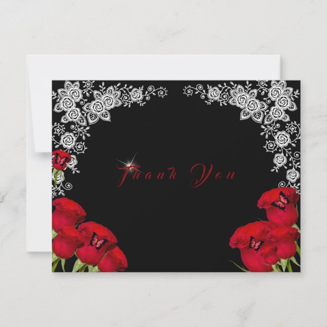 Beautiful Red Roses Butterflies Quinceanera  Thank You Card (Front)