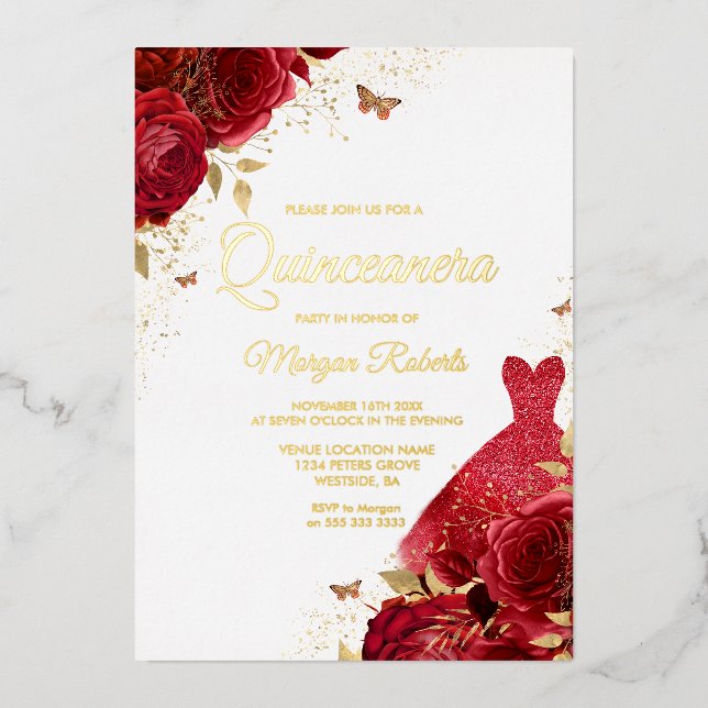 Beautiful Red Roses & Dress Gold Foil Quinceanera (Front)