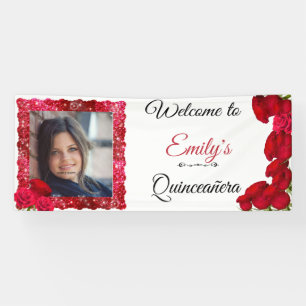 Beautiful, Red Roses, Glitter, Quinceanera, Custom Banner