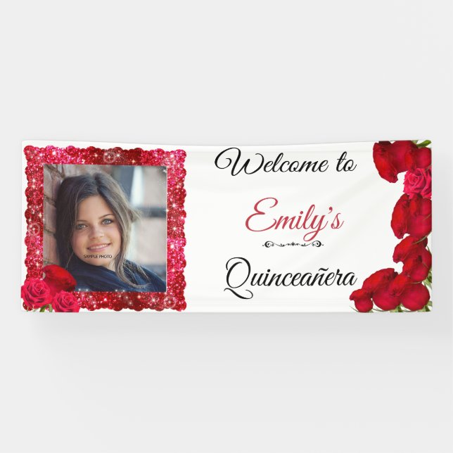 Beautiful, Red Roses, Glitter, Quinceanera, Custom Banner (Horizontal)