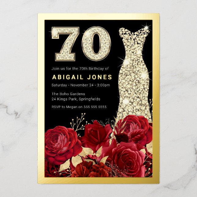 Beautiful Red Roses Gold Gown 70th Birthday Party (Front)