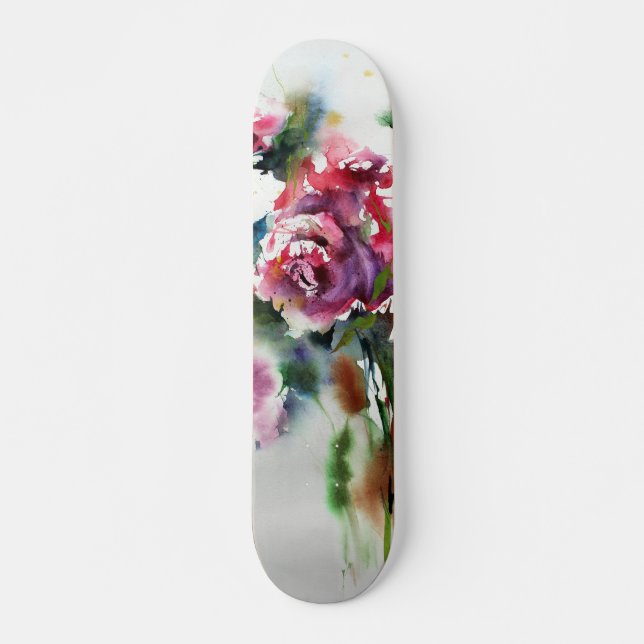 Beautiful Red Roses in Watercolor Art Skateboard (Front)