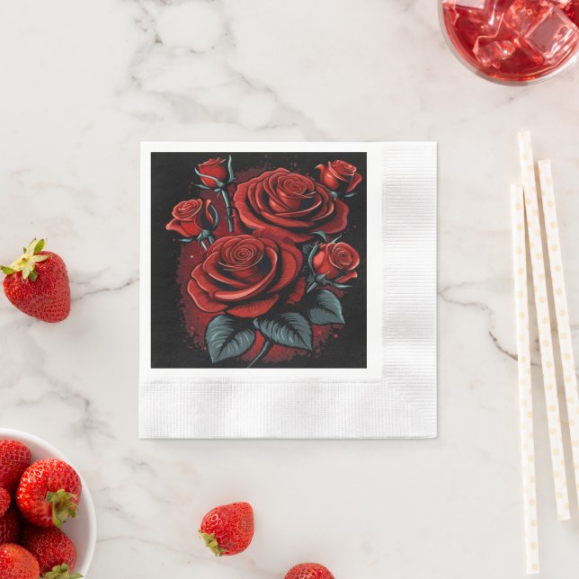 Beautiful Red Roses on Black Party Napkin (Insitu)