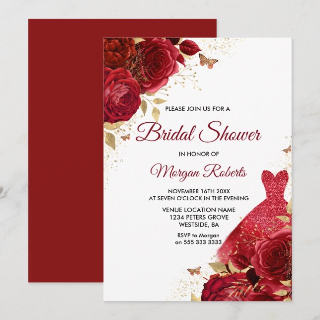 Beautiful Red Roses Sparkle Dress Bridal Shower Invitation (Front/Back)