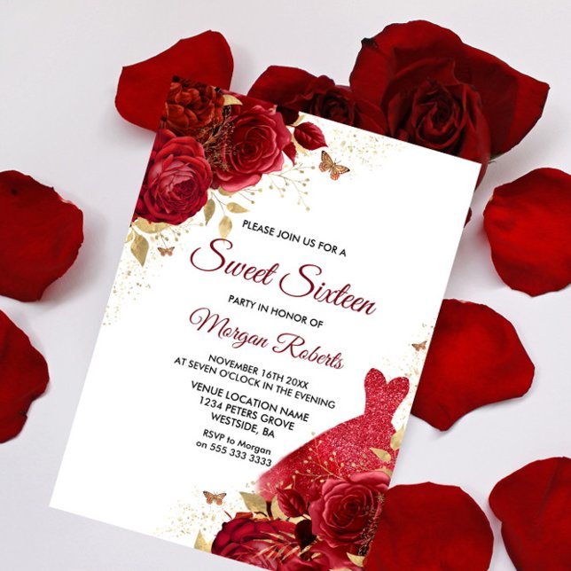 Beautiful Red Roses Sparkle Dress Sweet 16 Invitation (Creator Uploaded)