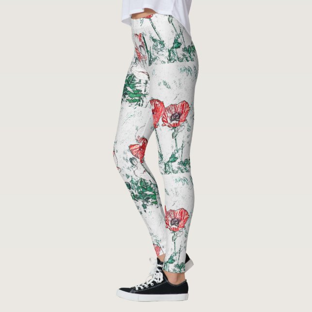Beautiful Red Three Poppy Flowers Sketch Leggings (Left)