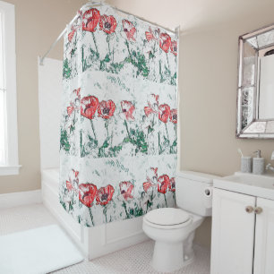Beautiful Red Three Poppy Flowers Sketch Shower Curtain