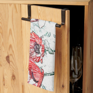 Beautiful Red Three Poppy Flowers Sketch Tea Towel