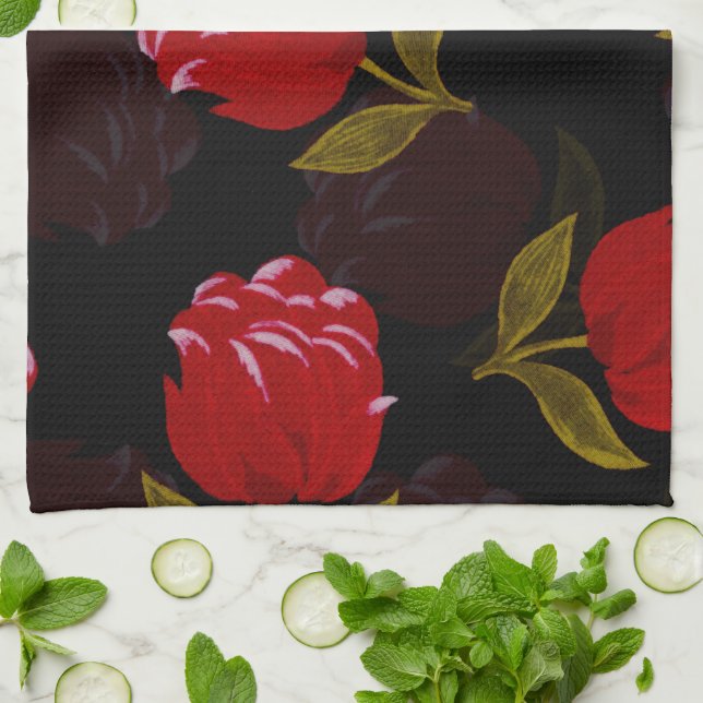 Beautiful Red translucent roses embroidery pattern Tea Towel (Folded)