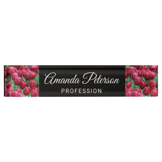 Beautiful Red Tulip and Black Floral Professional Nameplate (Front)