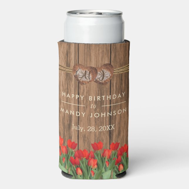 Beautiful Red Tulip Flowers on Wood - Birthday  Seltzer Can Cooler (Seltzer Back)