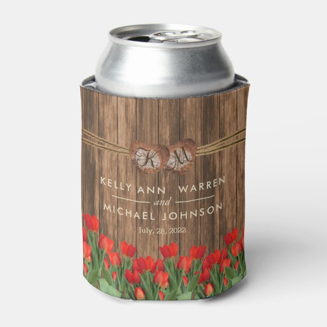 Beautiful Red Tulip Flowers on Wood Can Cooler (Can Front)