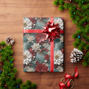 Beautiful Red White and Green 3D Poinsettias Wrapping Paper