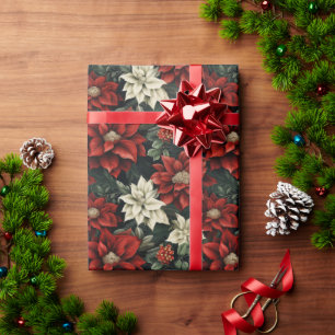 Beautiful Red White and Green Poinsettia Wrapping Paper
