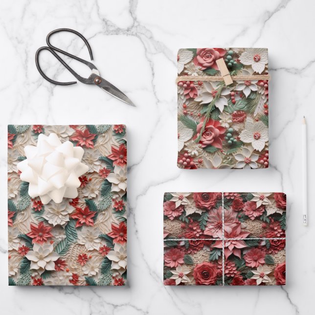 Beautiful Red White and Green Poinsettia Wrapping Paper Sheet (Front)