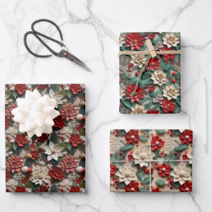 Beautiful Red White and Green Poinsettia Wrapping Paper Sheet