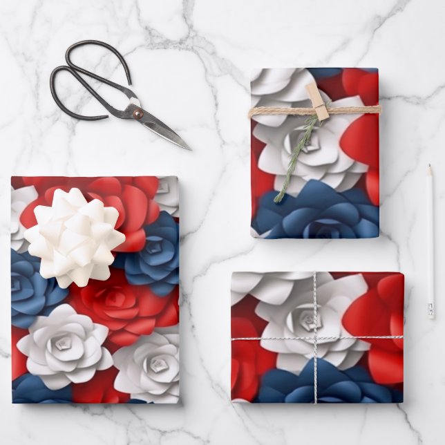 Beautiful Red White Blue Flower Garden Floral USA  Wrapping Paper Sheet (Front)