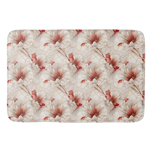 Beautiful Red White Floral Bath Mat (Front)