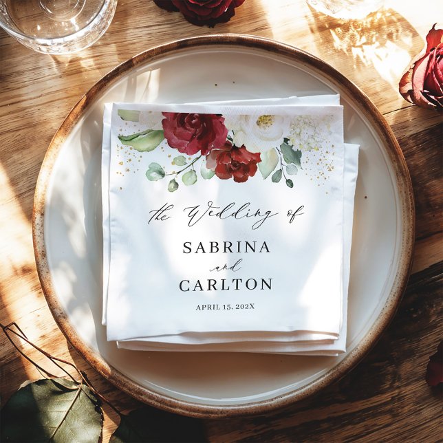 Beautiful Red White Floral Gold Confetti Wedding Napkin (Creator Uploaded)