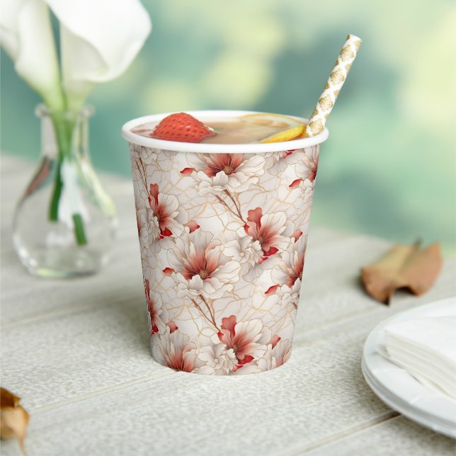 Beautiful Red White Floral Paper Cups (Insitu)