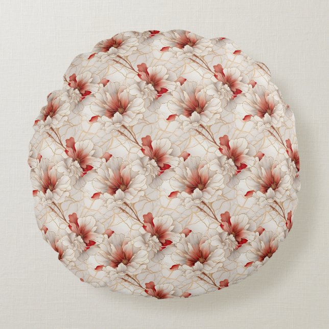 Beautiful Red White Floral Round Cushion (Front)