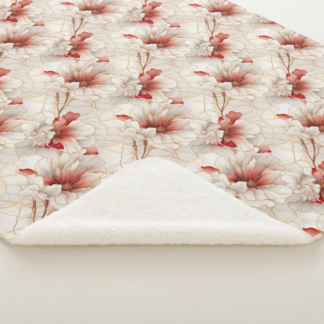 Beautiful Red White Floral Sherpa Blanket (3/4)