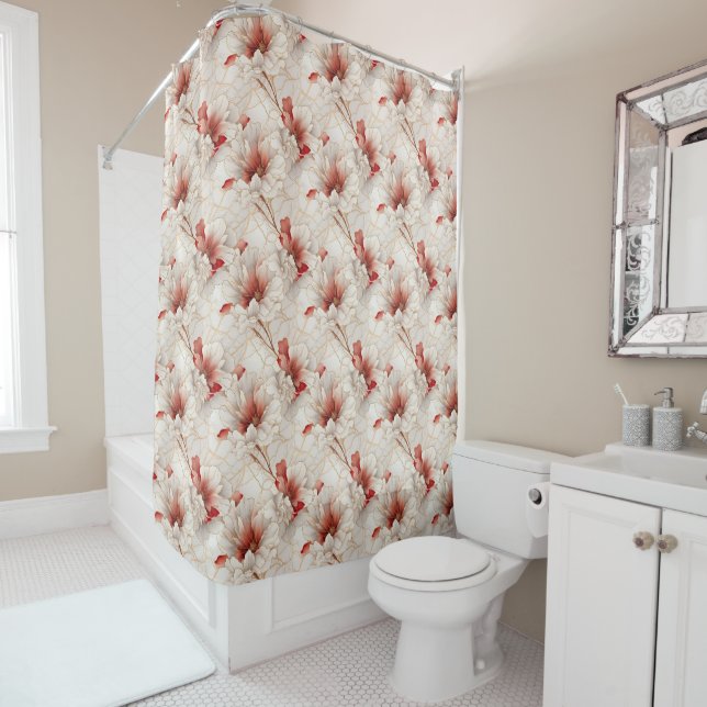 Beautiful Red White Floral Shower Curtain (In Situ)
