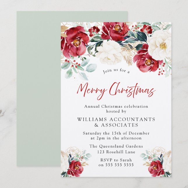 Beautiful Red White Green Floral Christmas Party Invitation (Front/Back)