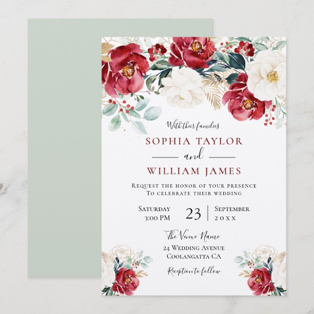 Beautiful Red White Green Floral Wedding Invitation (Front/Back)