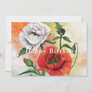 Beautiful Red White Poppies - Happy Birthday -
