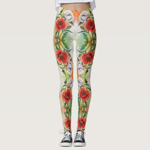Beautiful Red White Poppies Leggings