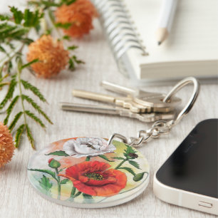 Beautiful Red White Poppies - Migned Painting Art Key Ring