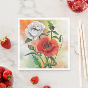 Beautiful Red White Poppies - Migned Painting Art Napkin