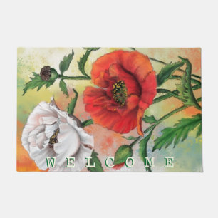Beautiful Red White Poppies Painting - Welcome - Doormat