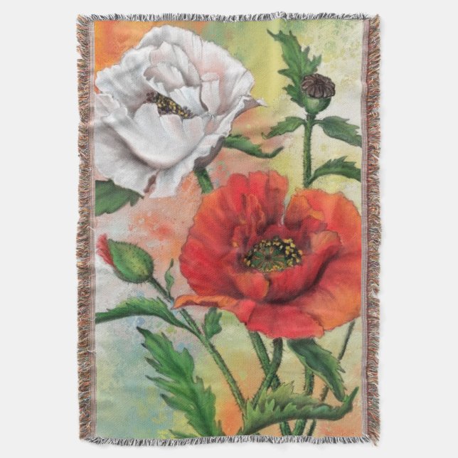Beautiful Red White Poppies Throw Blanket (Front Vertical)