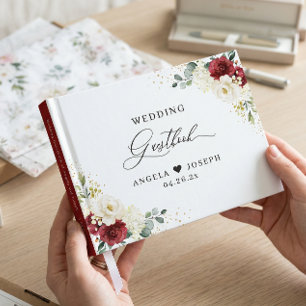 Beautiful Red White Rose Floral Wedding Guest Book