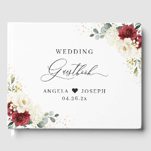 Beautiful Red White Rose Floral Wedding Guest Book