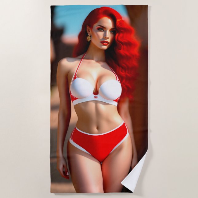 Beautiful redhead girl ilustration Beach Towel (Front)