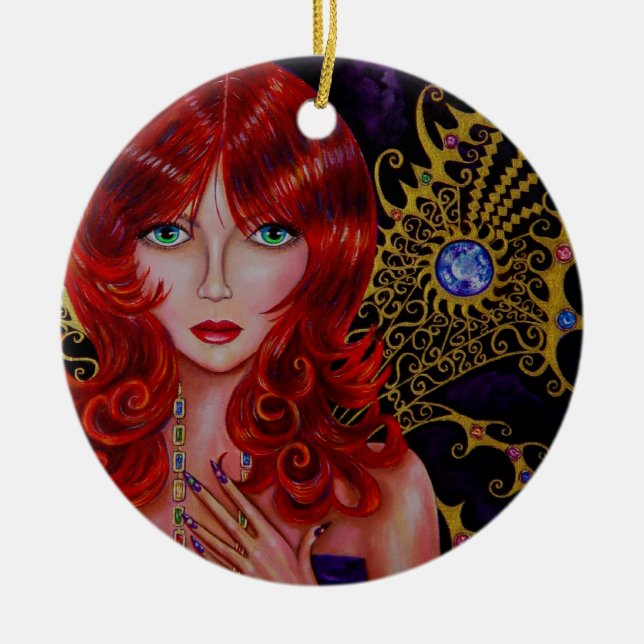 Beautiful Redhead Jewel Fairy Green Eyes Ceramic Tree Decoration (Front)